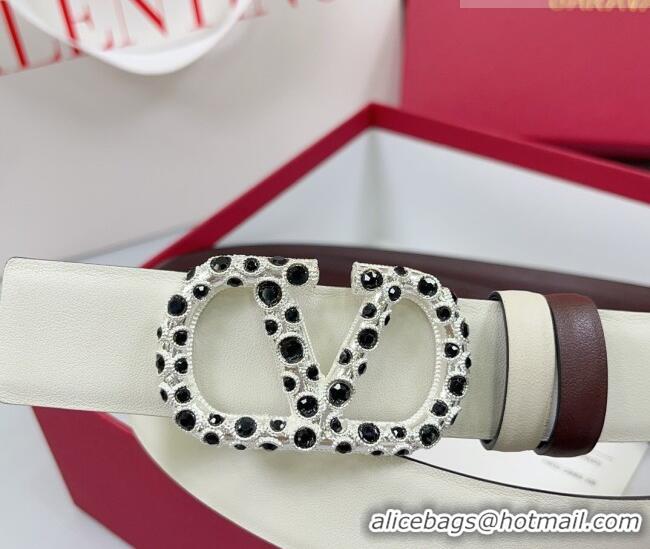 Trendy Design Valentino VLogo Calfskin Leather Belt 3cm with Stone Buckle 0108 White/Dark Brown 2025