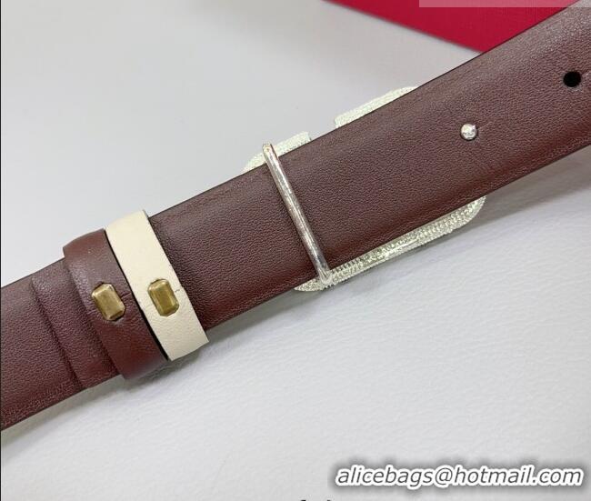 Trendy Design Valentino VLogo Calfskin Leather Belt 3cm with Stone Buckle 0108 White/Dark Brown 2025