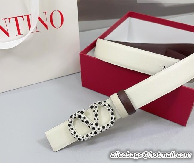 Trendy Design Valentino VLogo Calfskin Leather Belt 3cm with Stone Buckle 0108 White/Dark Brown 2025