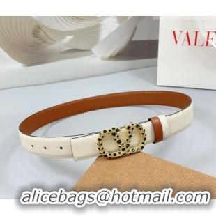 Best Quality Valentino VLogo Grained Calfskin Leather Belt 3cm with Stone Buckle 0108 White/Brown 2025