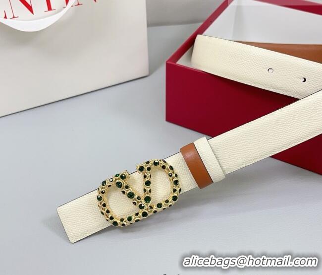 Best Quality Valentino VLogo Grained Calfskin Leather Belt 3cm with Stone Buckle 0108 White/Brown 2025