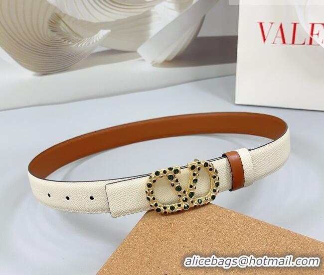 Best Quality Valentino VLogo Grained Calfskin Leather Belt 3cm with Stone Buckle 0108 White/Brown 2025
