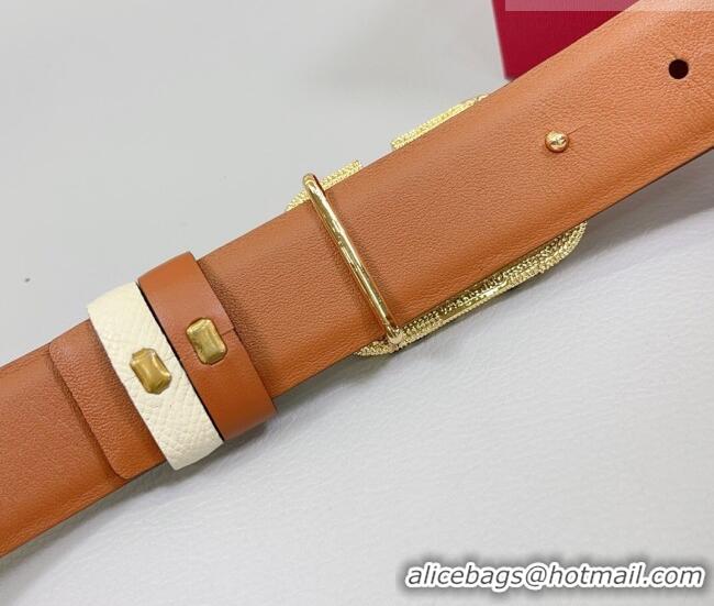 Best Quality Valentino VLogo Grained Calfskin Leather Belt 3cm with Stone Buckle 0108 White/Brown 2025