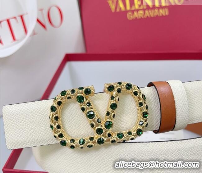 Best Quality Valentino VLogo Grained Calfskin Leather Belt 3cm with Stone Buckle 0108 White/Brown 2025