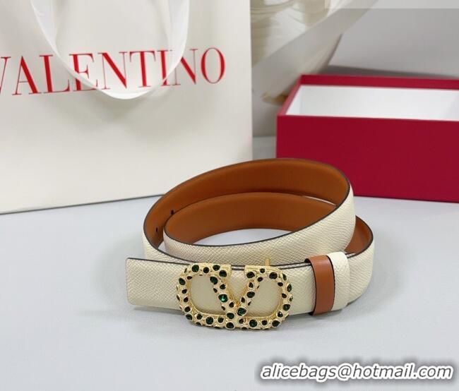 Best Quality Valentino VLogo Grained Calfskin Leather Belt 3cm with Stone Buckle 0108 White/Brown 2025