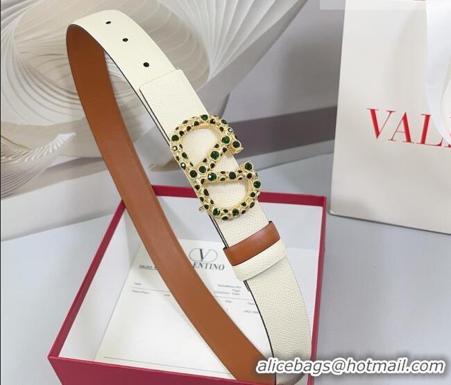 Best Quality Valentino VLogo Grained Calfskin Leather Belt 3cm with Stone Buckle 0108 White/Brown 2025