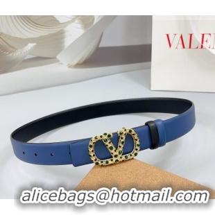 Luxury Cheap Valentino VLogo Calfskin Leather Belt 3cm with Stone Buckle 0108 Blue/Black 2025