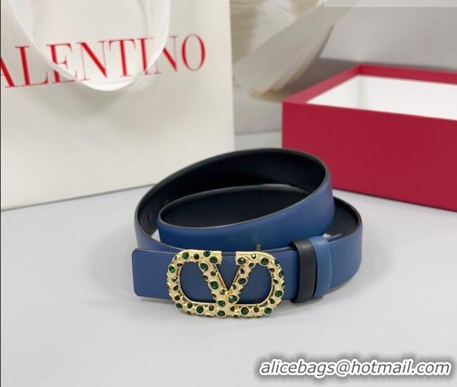 Luxury Cheap Valentino VLogo Calfskin Leather Belt 3cm with Stone Buckle 0108 Blue/Black 2025