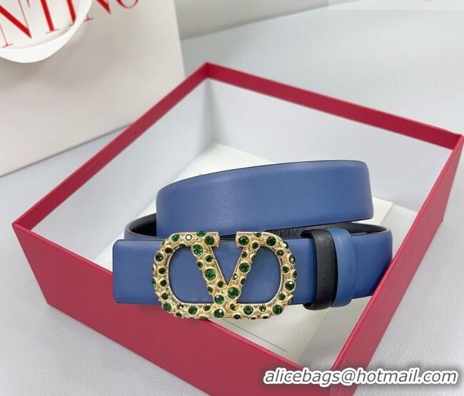 Luxury Cheap Valentino VLogo Calfskin Leather Belt 3cm with Stone Buckle 0108 Blue/Black 2025