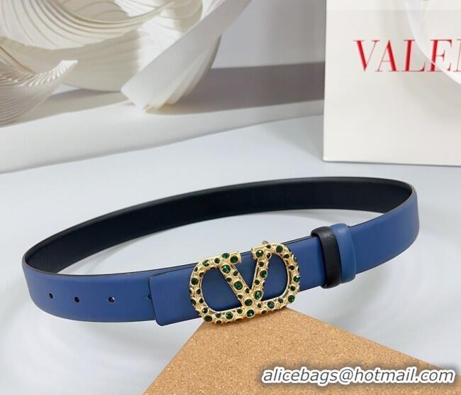 Luxury Cheap Valentino VLogo Calfskin Leather Belt 3cm with Stone Buckle 0108 Blue/Black 2025