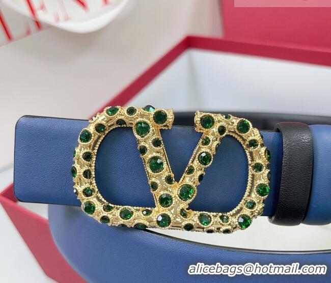 Luxury Cheap Valentino VLogo Calfskin Leather Belt 3cm with Stone Buckle 0108 Blue/Black 2025