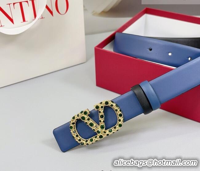 Luxury Cheap Valentino VLogo Calfskin Leather Belt 3cm with Stone Buckle 0108 Blue/Black 2025