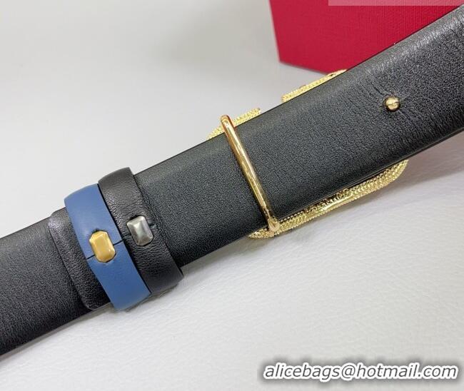 Luxury Cheap Valentino VLogo Calfskin Leather Belt 3cm with Stone Buckle 0108 Blue/Black 2025
