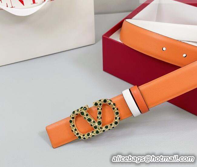 Well Crafted Valentino VLogo Calfskin Leather Belt 3cm with Stone Buckle 0108 Orange/White 2025