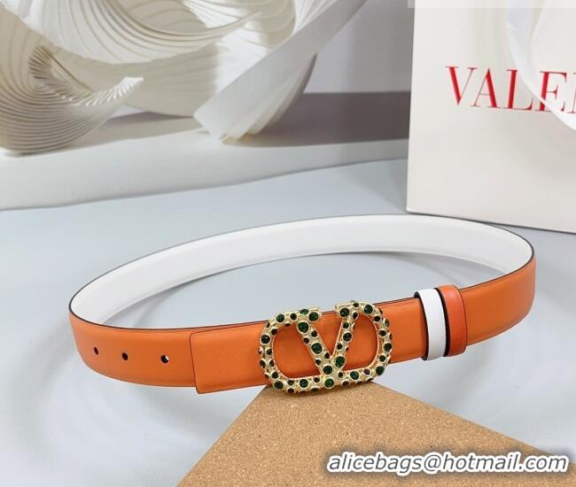 Well Crafted Valentino VLogo Calfskin Leather Belt 3cm with Stone Buckle 0108 Orange/White 2025