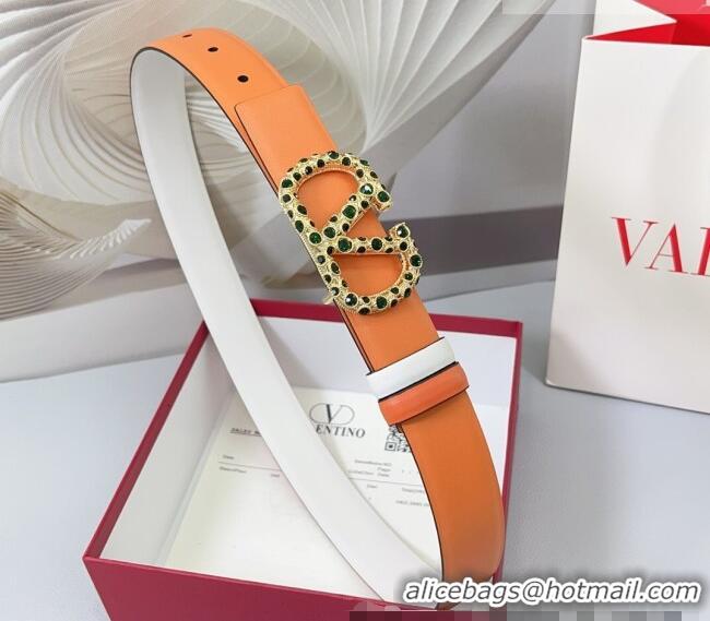 Well Crafted Valentino VLogo Calfskin Leather Belt 3cm with Stone Buckle 0108 Orange/White 2025