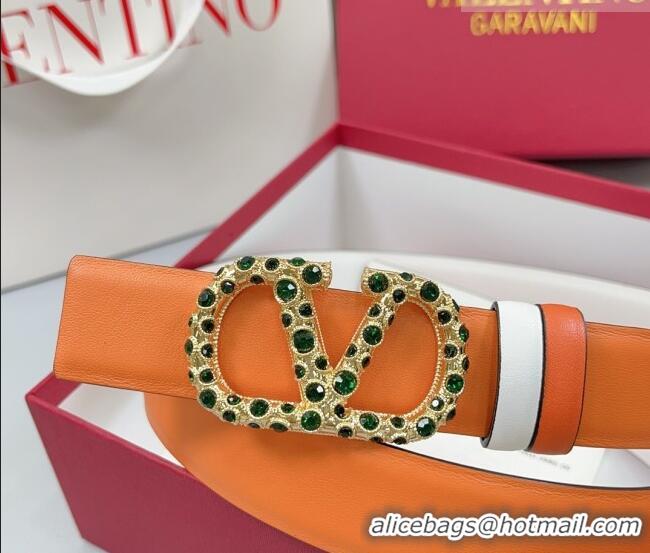 Well Crafted Valentino VLogo Calfskin Leather Belt 3cm with Stone Buckle 0108 Orange/White 2025