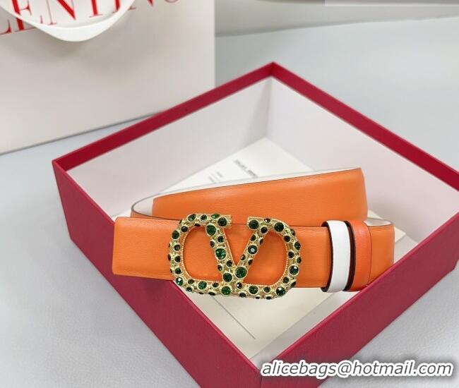Well Crafted Valentino VLogo Calfskin Leather Belt 3cm with Stone Buckle 0108 Orange/White 2025