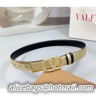 Luxury Cheap Valentino VLogo Calfskin Leather Belt 3cm with Strass Buckle 0108 Gold/Black 2025
