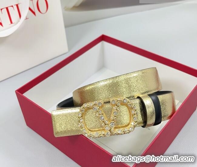 Luxury Cheap Valentino VLogo Calfskin Leather Belt 3cm with Strass Buckle 0108 Gold/Black 2025