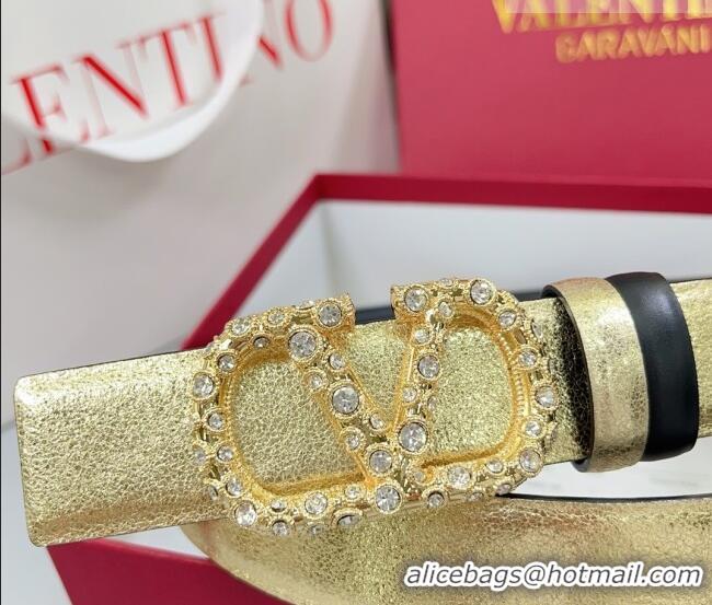 Luxury Cheap Valentino VLogo Calfskin Leather Belt 3cm with Strass Buckle 0108 Gold/Black 2025