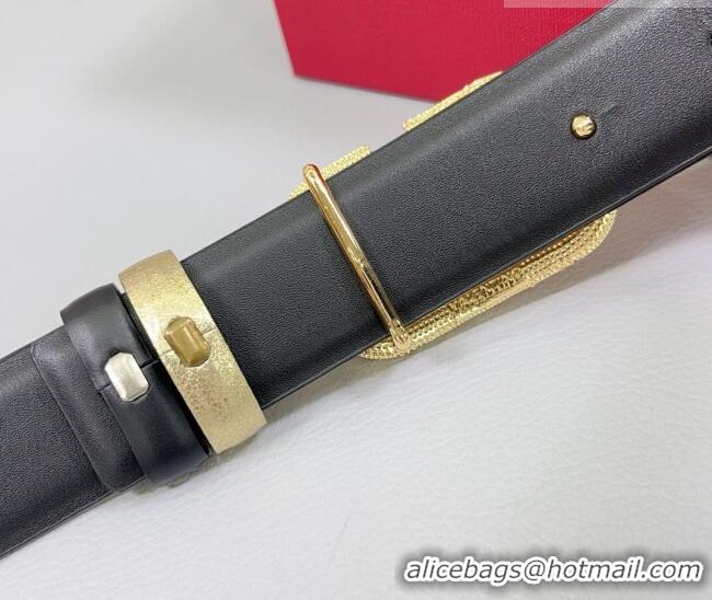 Luxury Cheap Valentino VLogo Calfskin Leather Belt 3cm with Strass Buckle 0108 Gold/Black 2025