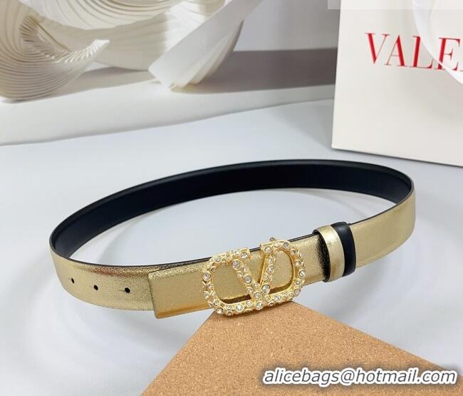 Luxury Cheap Valentino VLogo Calfskin Leather Belt 3cm with Strass Buckle 0108 Gold/Black 2025