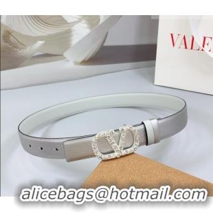 Best Price Valentino VLogo Calfskin Leather Belt 3cm with Strass Buckle 0108 Silver/White 2025