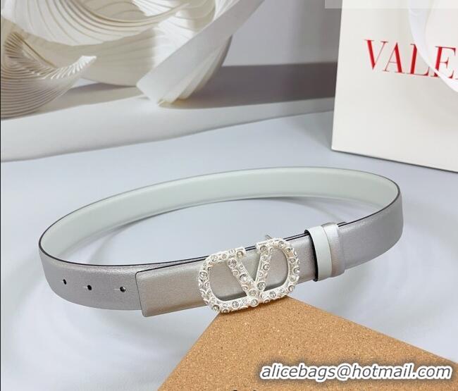 Best Price Valentino VLogo Calfskin Leather Belt 3cm with Strass Buckle 0108 Silver/White 2025