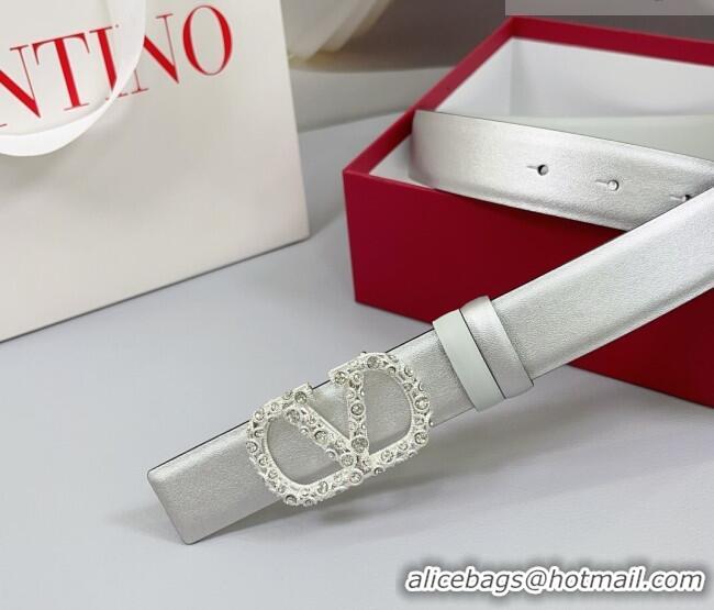 Best Price Valentino VLogo Calfskin Leather Belt 3cm with Strass Buckle 0108 Silver/White 2025