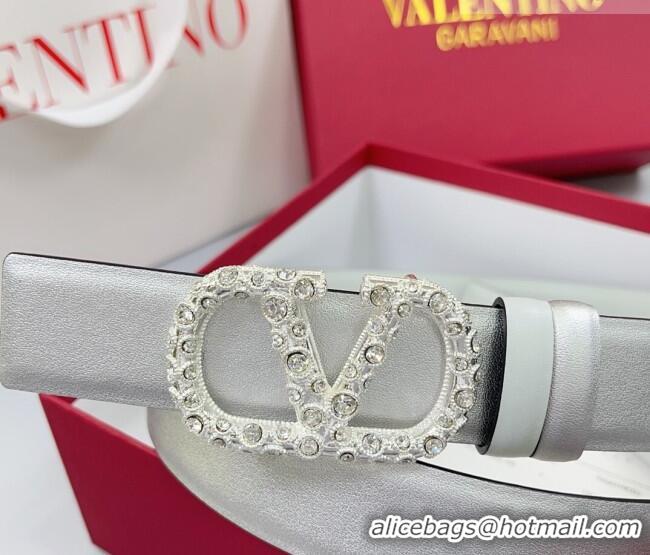 Best Price Valentino VLogo Calfskin Leather Belt 3cm with Strass Buckle 0108 Silver/White 2025