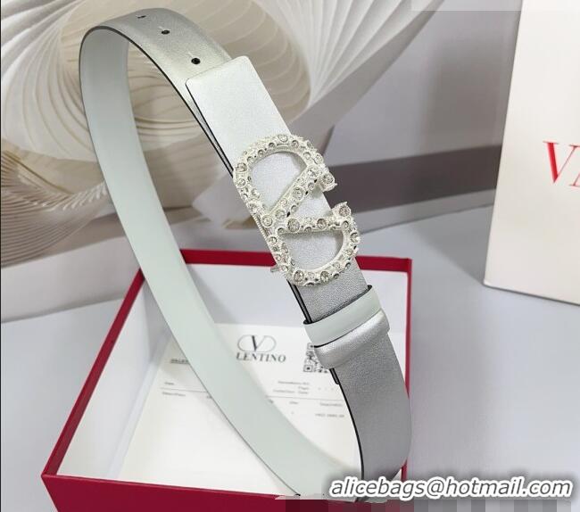 Best Price Valentino VLogo Calfskin Leather Belt 3cm with Strass Buckle 0108 Silver/White 2025