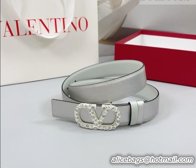 Best Price Valentino VLogo Calfskin Leather Belt 3cm with Strass Buckle 0108 Silver/White 2025