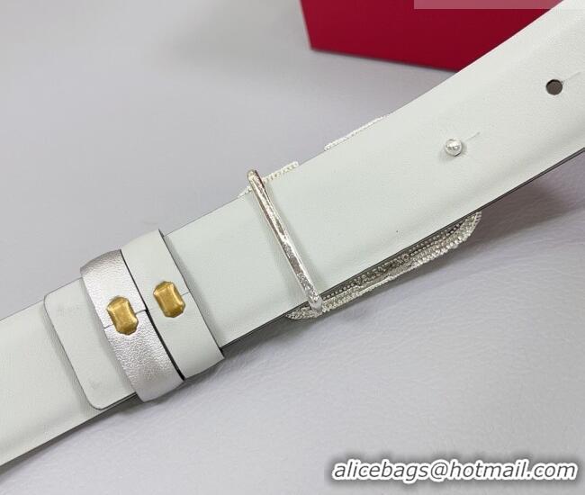Best Price Valentino VLogo Calfskin Leather Belt 3cm with Strass Buckle 0108 Silver/White 2025