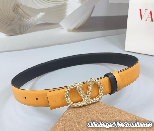 Buy Fashionable Valentino VLogo Calfskin Leather Belt 3cm with Strass Buckle 0108 Yellow 2025