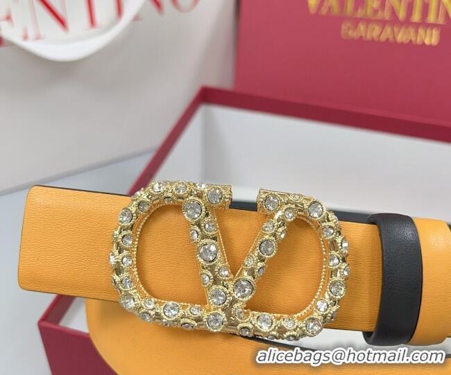 Buy Fashionable Valentino VLogo Calfskin Leather Belt 3cm with Strass Buckle 0108 Yellow 2025