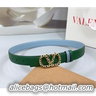 Luxury Cheap Valentino VLogo Calfskin Leather Belt 3cm with Stone Buckle 0108 Green/Blue 2025