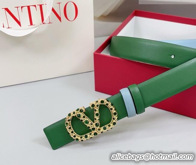 Luxury Cheap Valentino VLogo Calfskin Leather Belt 3cm with Stone Buckle 0108 Green/Blue 2025