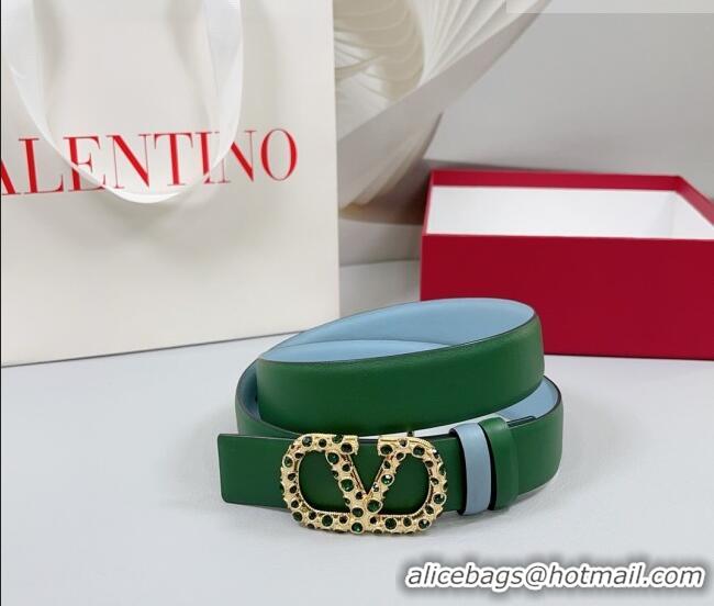 Luxury Cheap Valentino VLogo Calfskin Leather Belt 3cm with Stone Buckle 0108 Green/Blue 2025