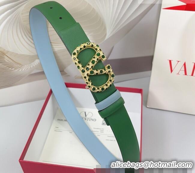 Luxury Cheap Valentino VLogo Calfskin Leather Belt 3cm with Stone Buckle 0108 Green/Blue 2025