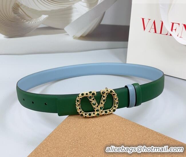 Luxury Cheap Valentino VLogo Calfskin Leather Belt 3cm with Stone Buckle 0108 Green/Blue 2025