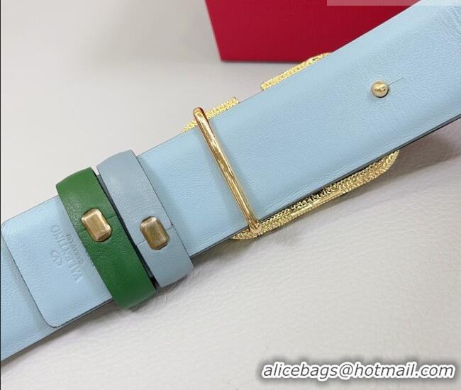 Luxury Cheap Valentino VLogo Calfskin Leather Belt 3cm with Stone Buckle 0108 Green/Blue 2025