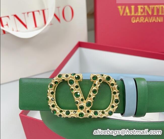 Luxury Cheap Valentino VLogo Calfskin Leather Belt 3cm with Stone Buckle 0108 Green/Blue 2025