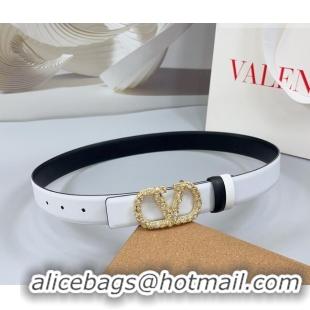 Inexpensive Valentino VLogo Calfskin Leather Belt 3cm with Strass Buckle 0108 White/Black 2025