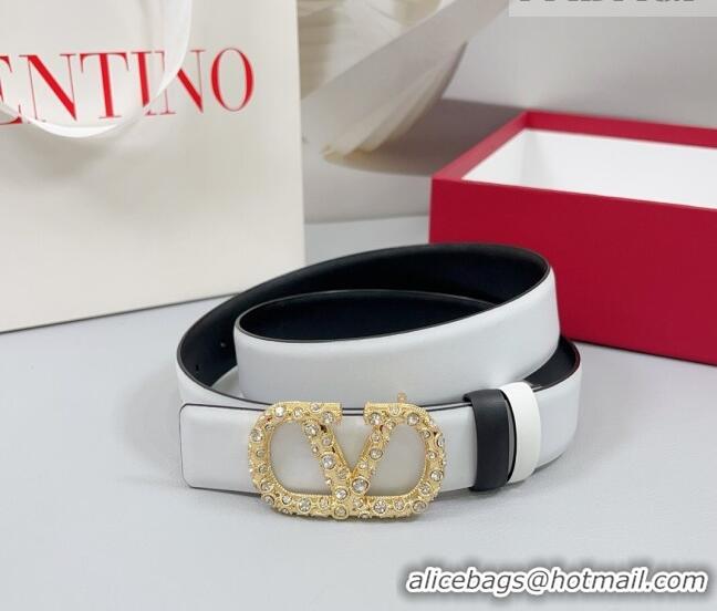 Inexpensive Valentino VLogo Calfskin Leather Belt 3cm with Strass Buckle 0108 White/Black 2025