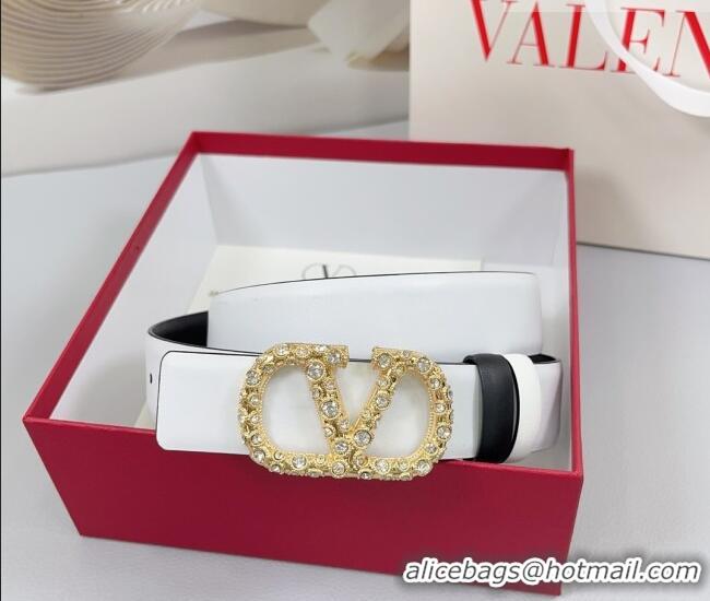 Inexpensive Valentino VLogo Calfskin Leather Belt 3cm with Strass Buckle 0108 White/Black 2025
