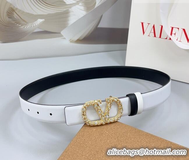Inexpensive Valentino VLogo Calfskin Leather Belt 3cm with Strass Buckle 0108 White/Black 2025