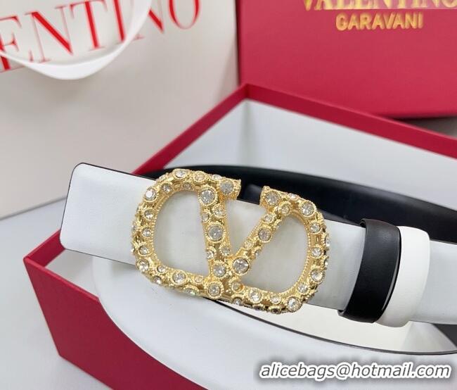 Inexpensive Valentino VLogo Calfskin Leather Belt 3cm with Strass Buckle 0108 White/Black 2025