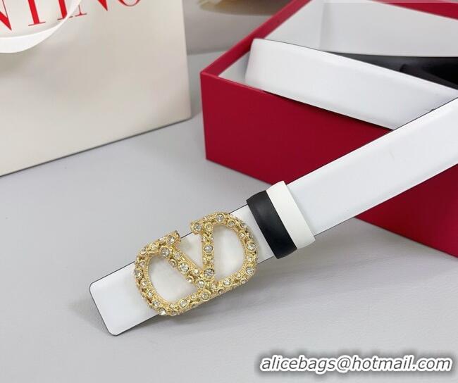 Inexpensive Valentino VLogo Calfskin Leather Belt 3cm with Strass Buckle 0108 White/Black 2025