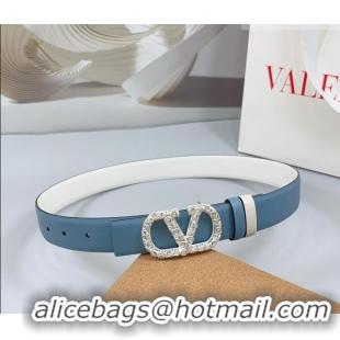 Luxury Cheap Valentino VLogo Calfskin Leather Belt 3cm with Strass Buckle 0108 Light Blue 2025